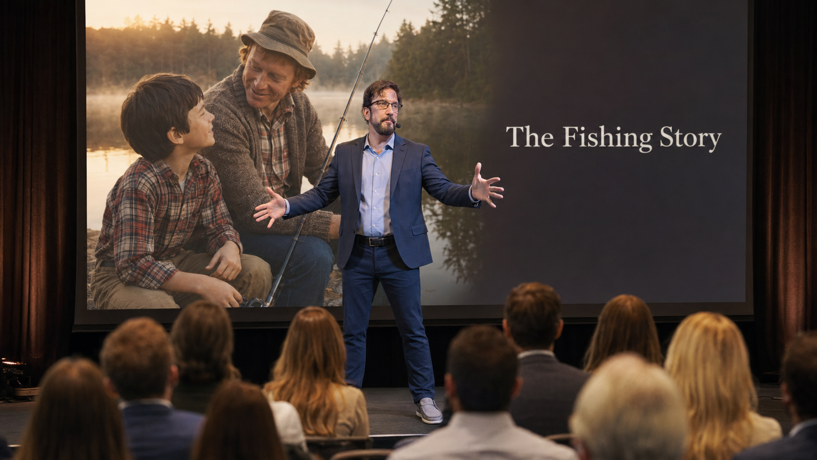 Brett Duggan presenting The Fishing Story to a live audience